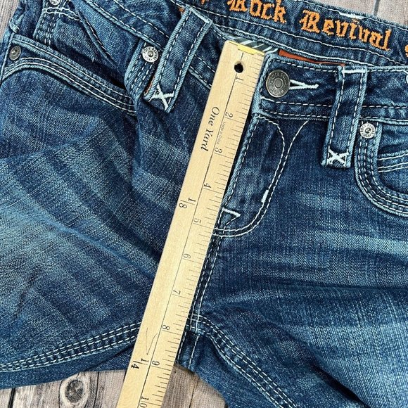 Rock Revival Ele Bootcut Stretch Jeans 27x34 Mens Blue Denim Thick Stitch Flap - Picture 10 of 13